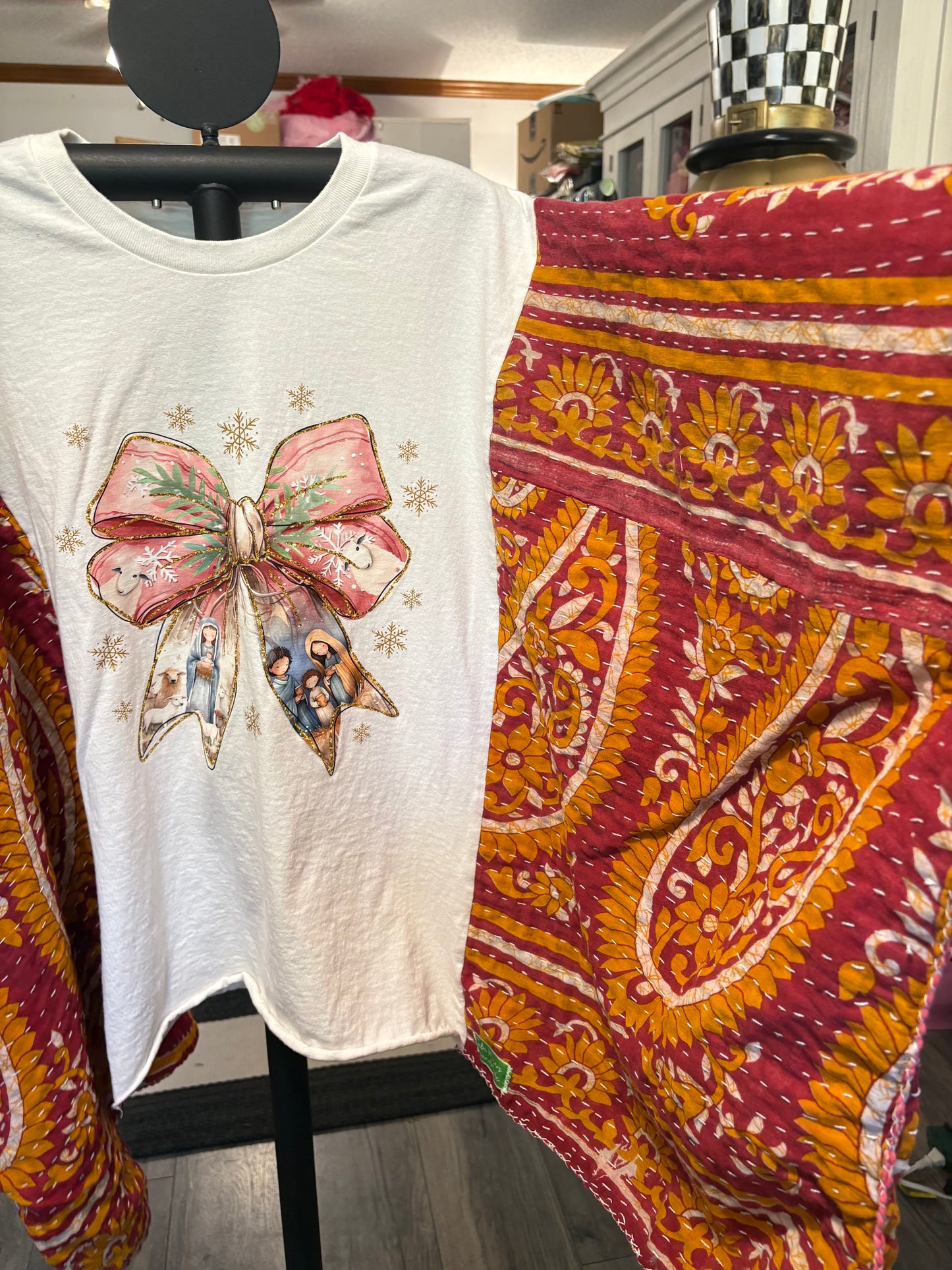 Jesus is the Reason Upcycled Vintage Kantha Poncho Tee Fits A Size Small to 3X