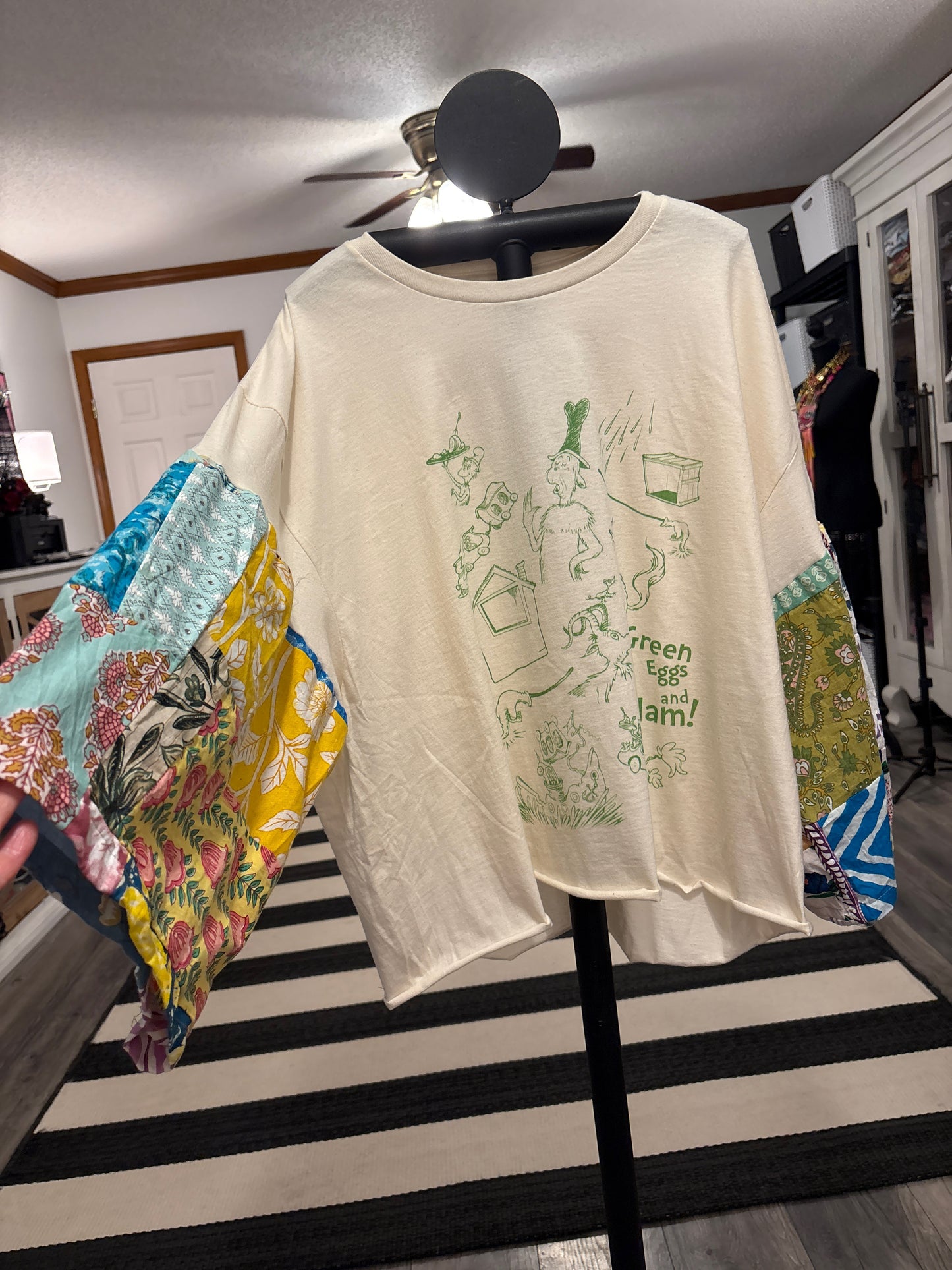 Green Eggs Upcycled Vintage Patchwork Tee Fits a Small to XXL