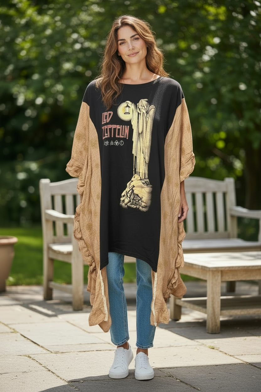 Zeppelin Upcycled Rockstar Fairytale Ruffled Kimono One Size Fits a Large to 3X Oversized!