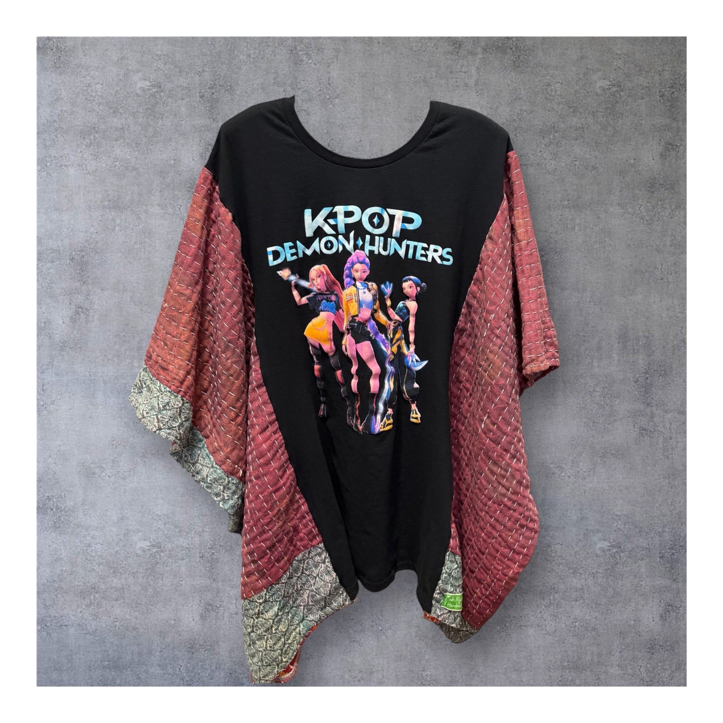 K-pop Upcycled Vintage Kantha Quilt Poncho Tee One Size Fits an XL to 4X