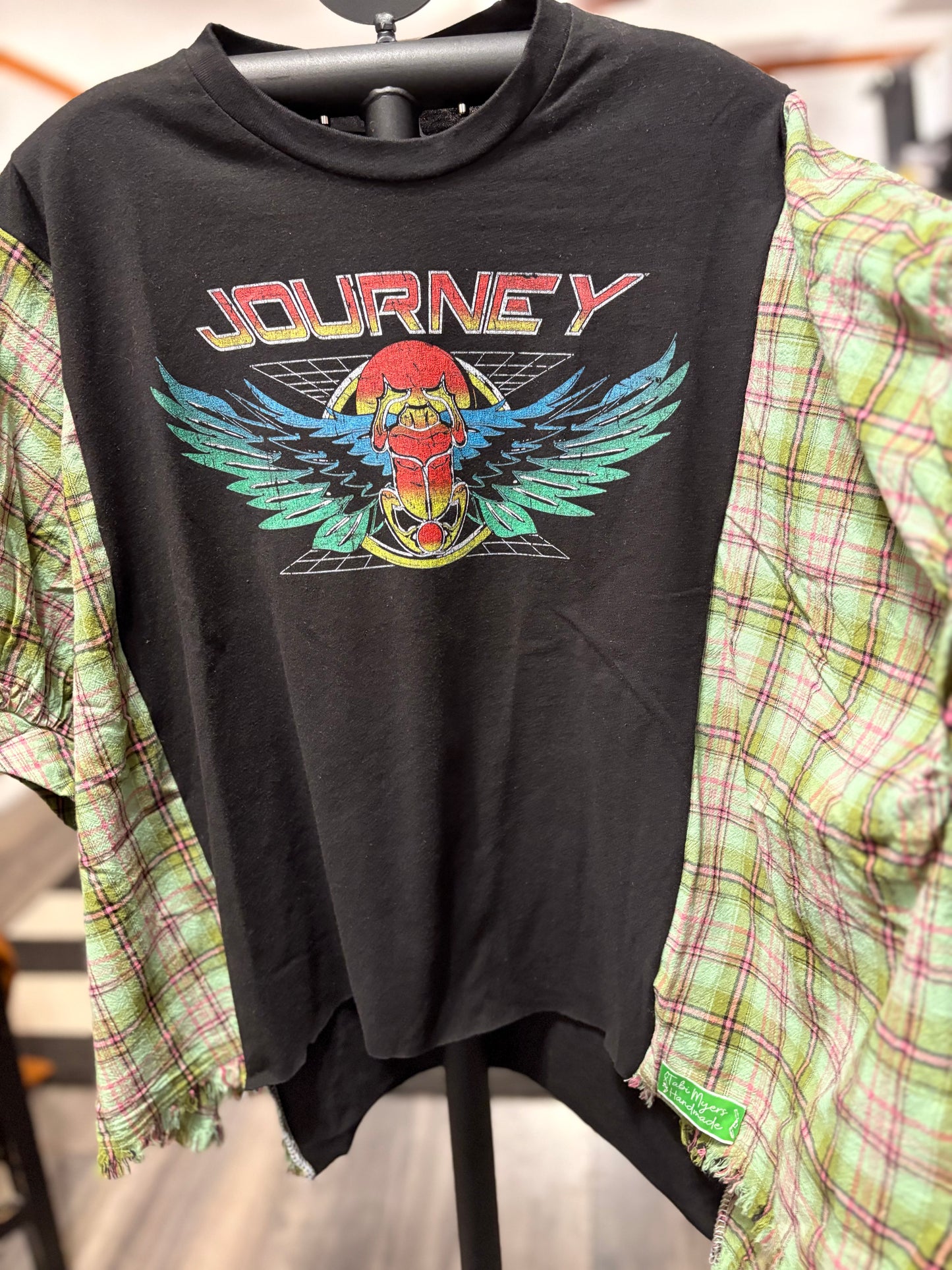 Faithfully Upcycled Drop Sleeve Flannel Tee One Size Fits A Small to Large Oversized