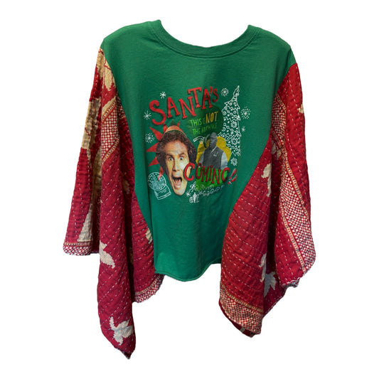 Santa’s Coming Upcycled Vintage Kantha Poncho Tee Fits A Size Small to XXL