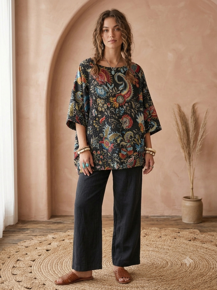 Monica Midnight Paisley Kantha Top One Size Fits Small to 3X