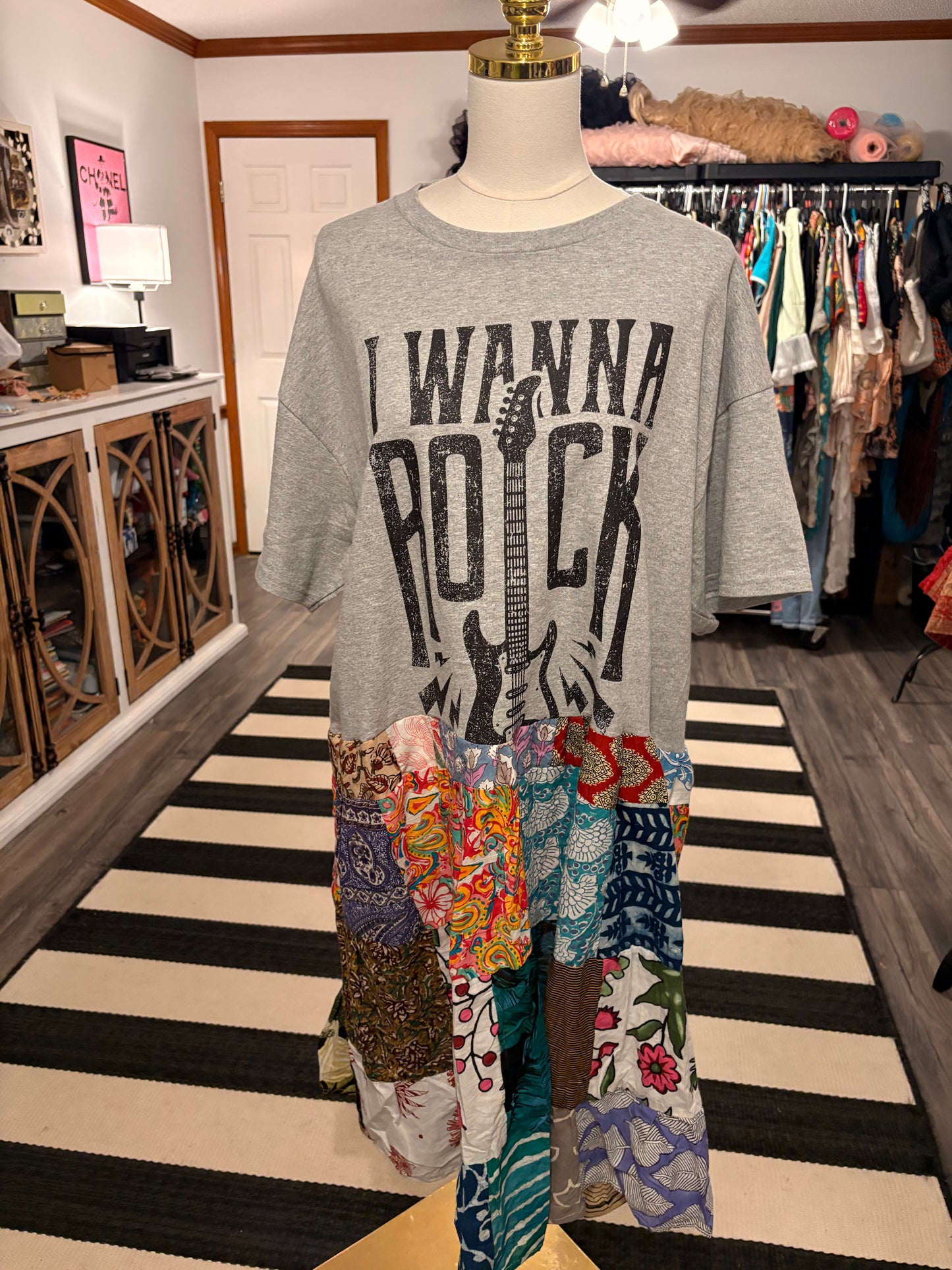 I Wanna Rock Upcycled Vintage Patchwork Tee Dress Fits a Small to XL