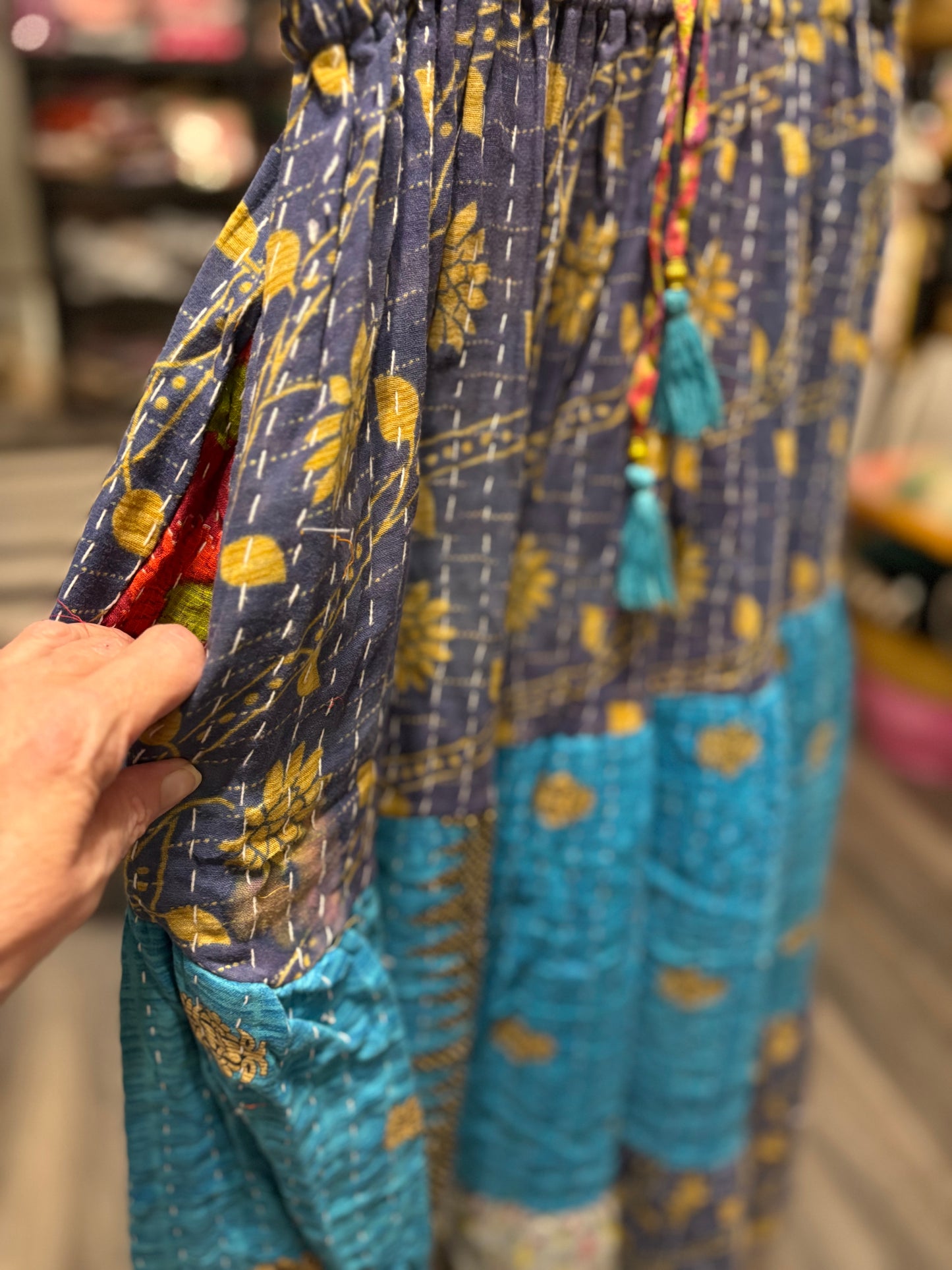 Vintage Kantha Boho Long Maxi Skirt with Pockets