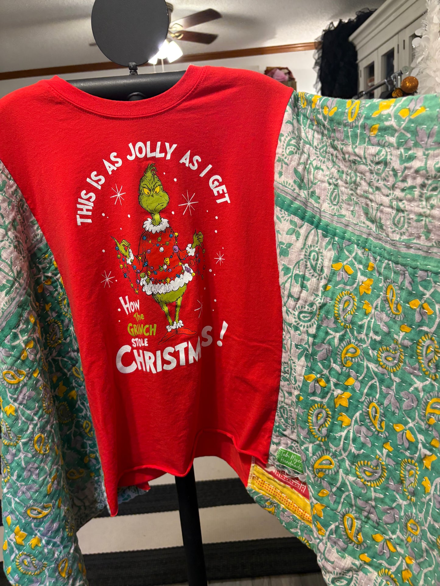 Jolly Grinch Upcycled Vintage Kantha Poncho Tee One Size Fits a Small to XXL