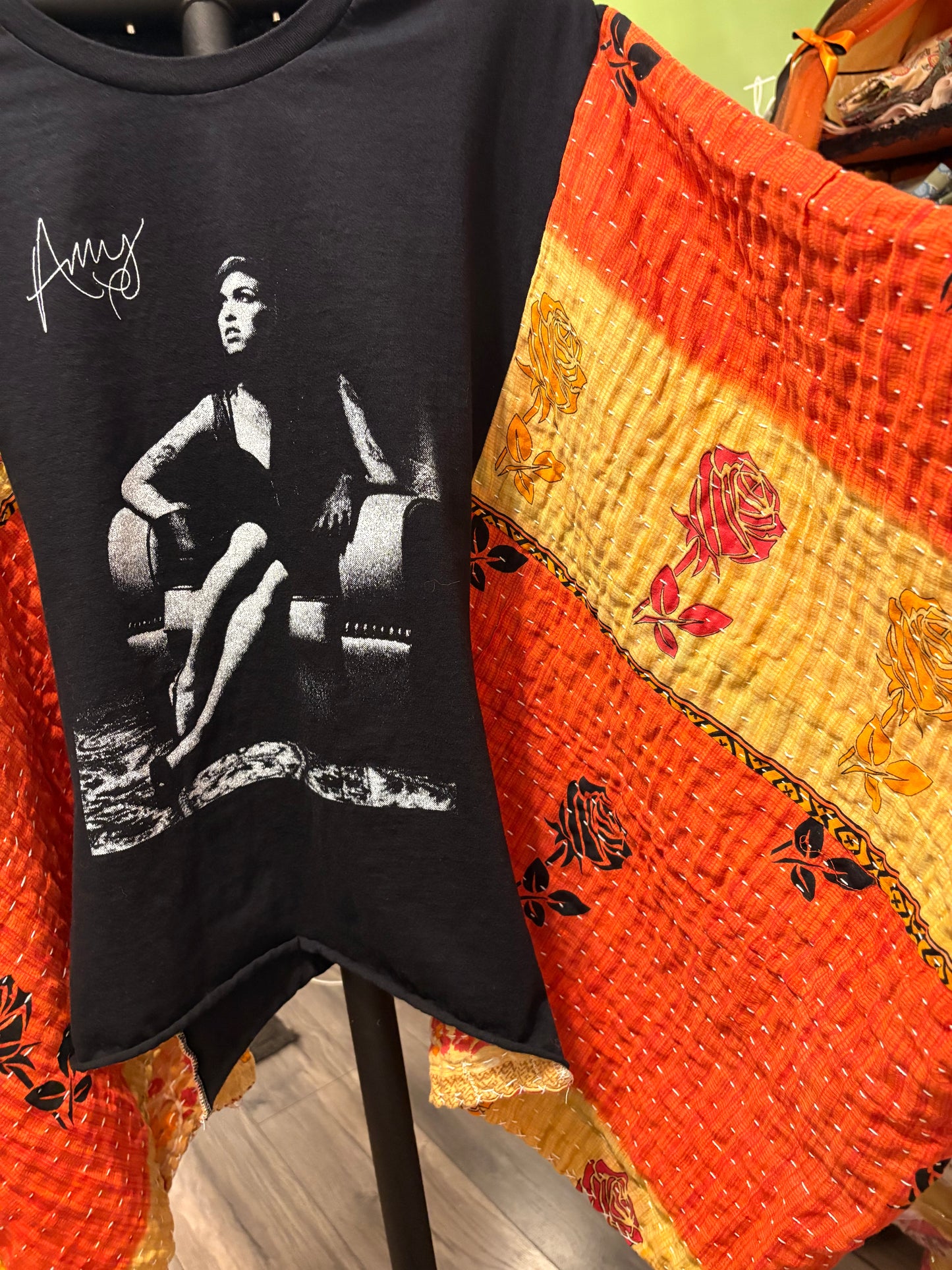 Back to Black Upcycled Vintage Kantha Quilt Poncho Tee One Size Fits a Small to XXL