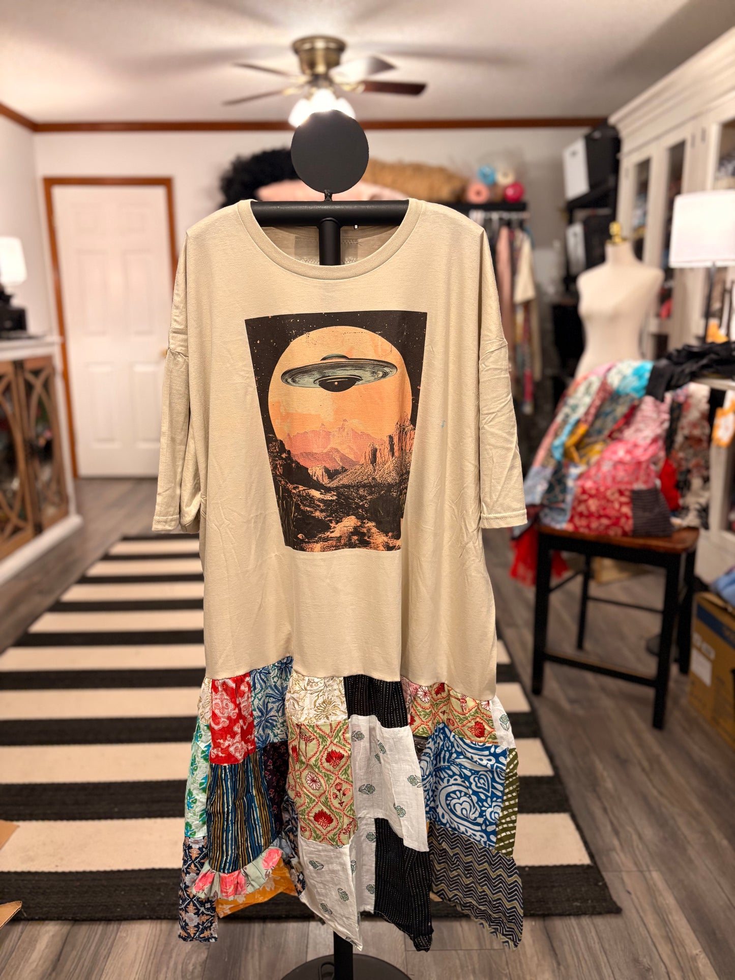 You’re Ride Is Here Upcycled Vintage Patchwork Tee Dress Fits a Small to 3X