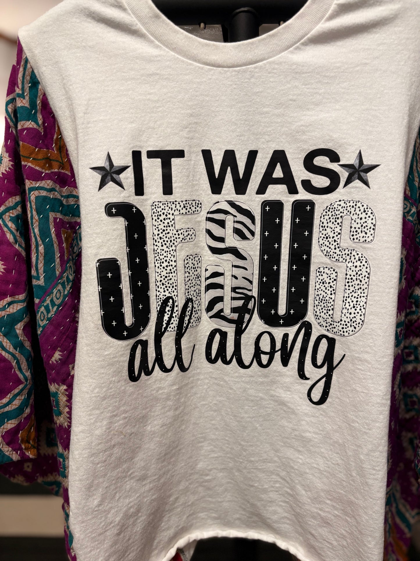 It Was Jesus Upcycled Vintage Kantha Quilt Poncho Tee One Size Fits a Small to XXL