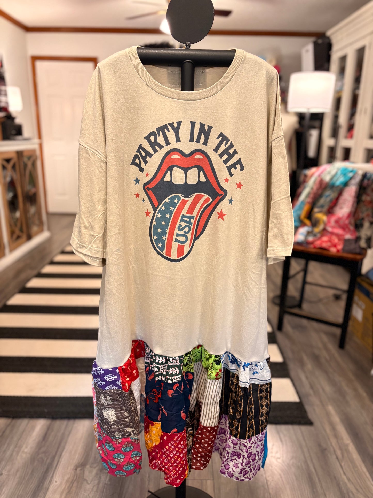 Party In The USA Upcycled Vintage Patchwork Tee Dress Fits a Small to 3X