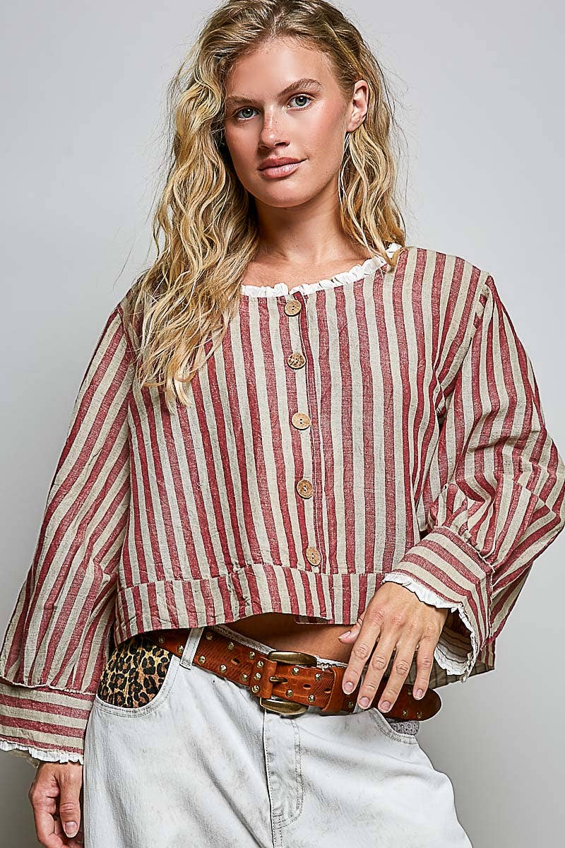 Ruffle Striped Pattern Wood Button Down Cotton Jacket Top: RED MULTI / M