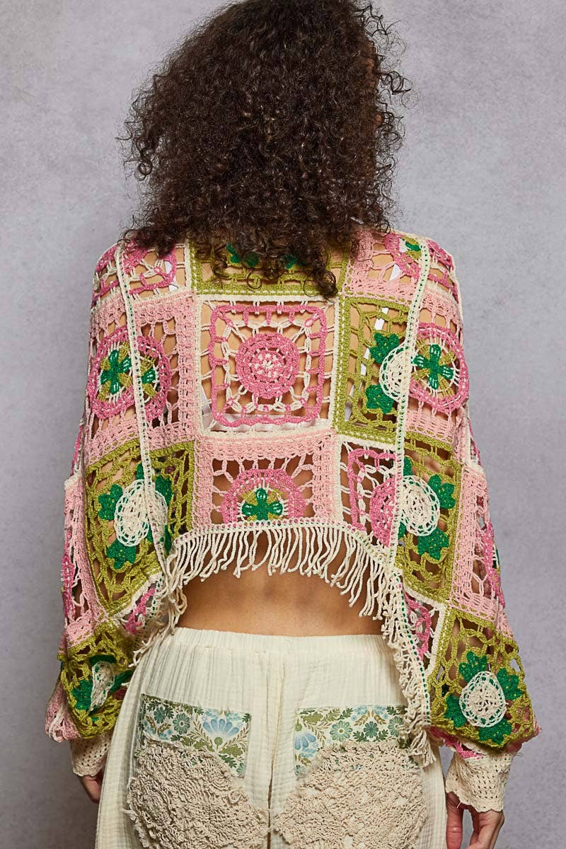 Round neck long sleeve crochet cropped fit top: PINK MULTI / OS
