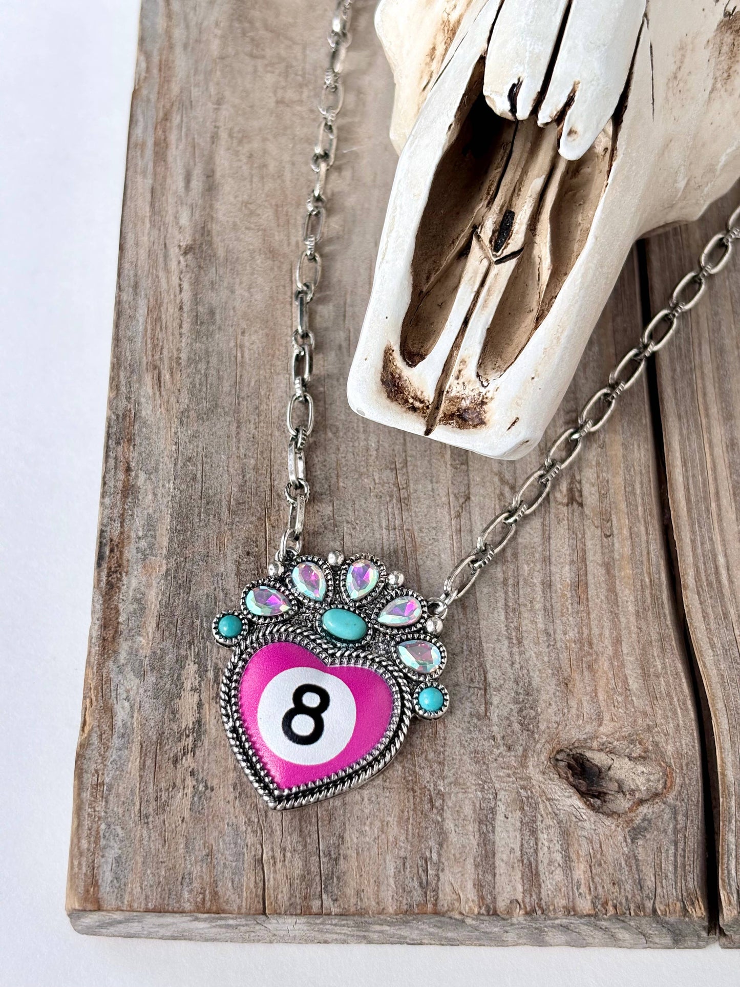 Western Style Magic 8 Heart Pendant Rhinestone Necklace: Black