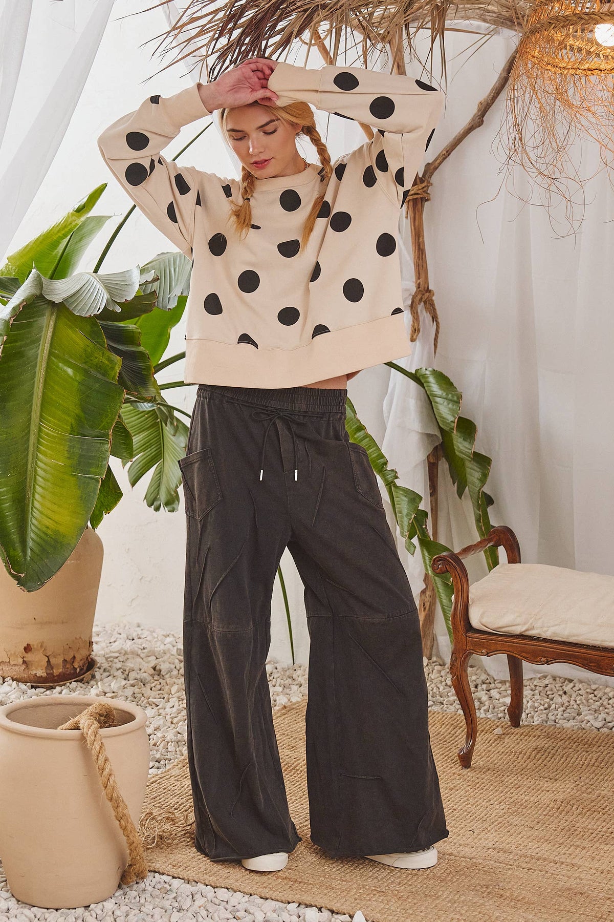 PLUS SIZE POLKA DOT SWEATSHIRT: Beige