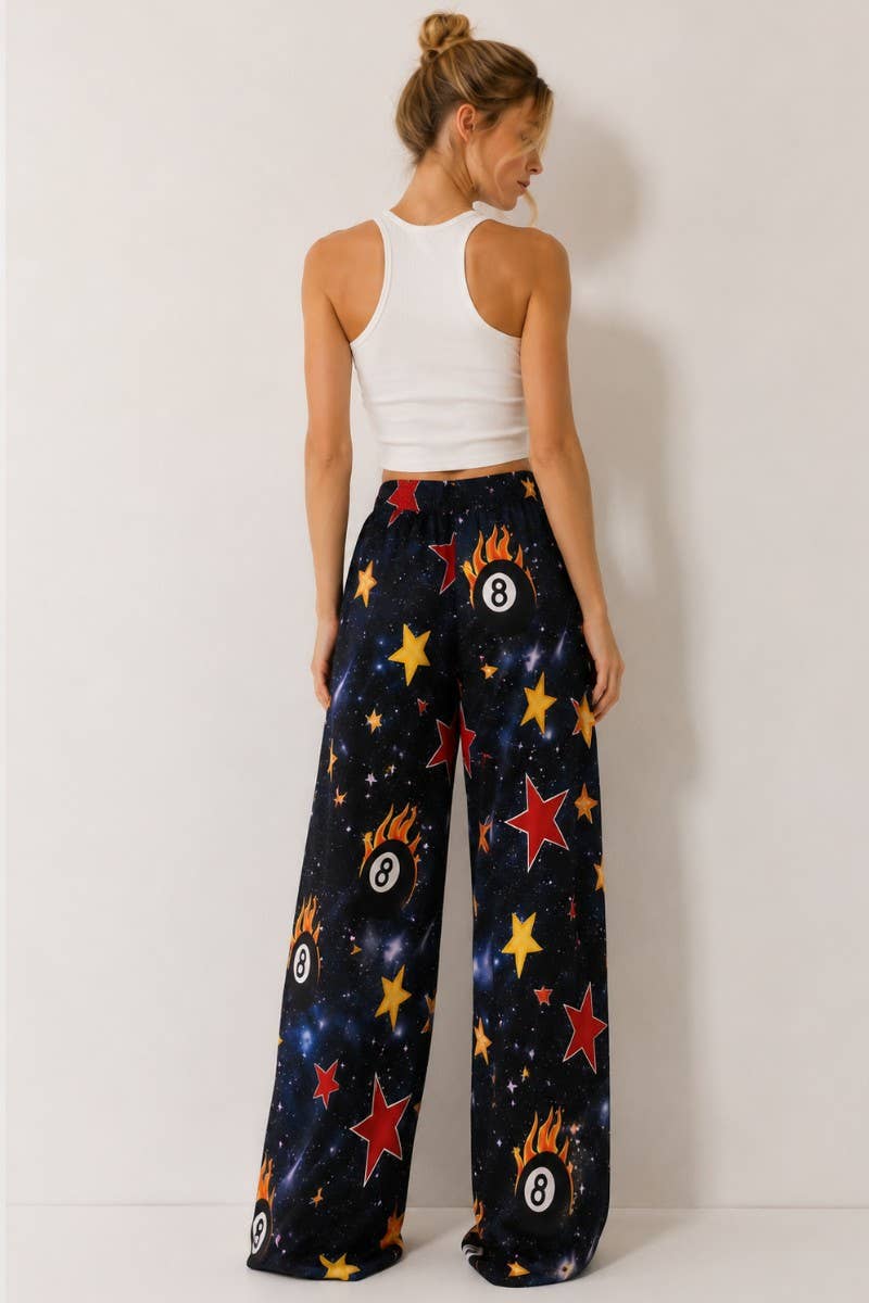 GALAXY 8-BALL PRINT WIDE LEG PANTS: DARK NAVY
