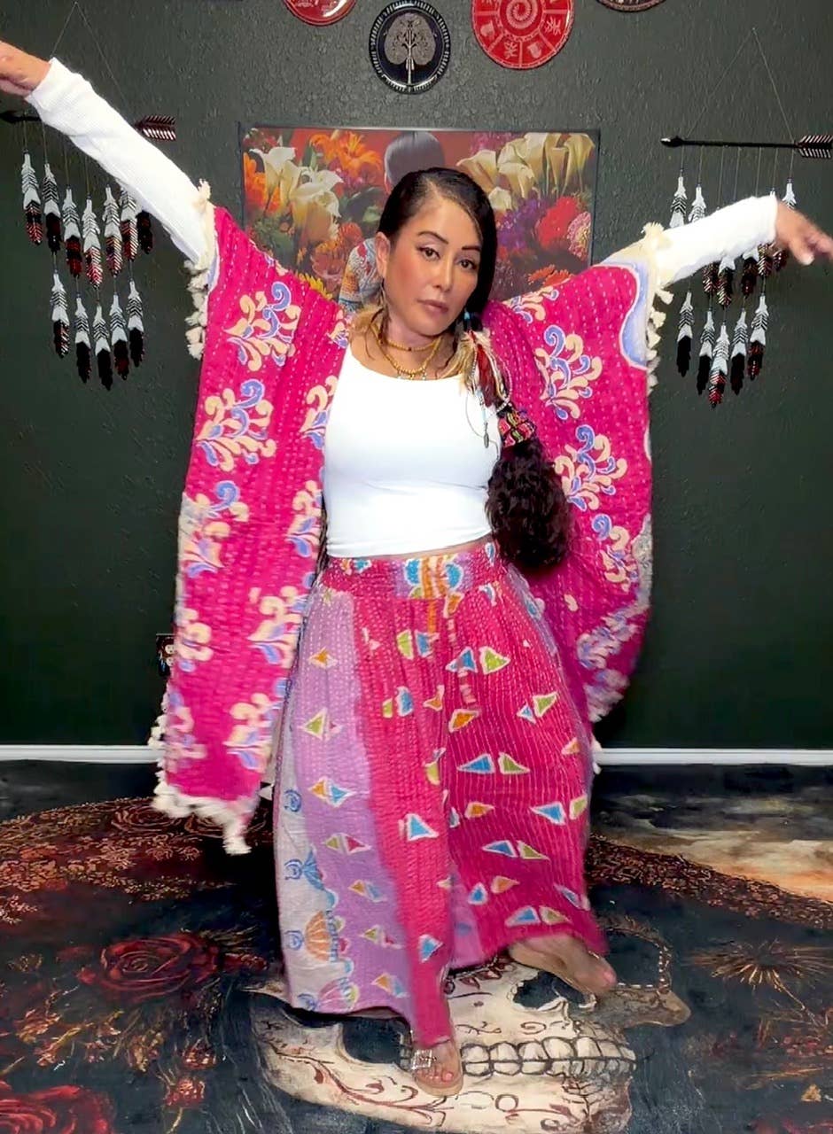 Short Sleeve Willow Fringe Kantha Kimono 1000-07