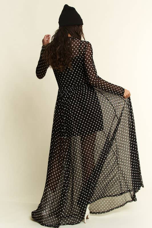 POLKA DOT PRINT MESH MAXI DRESS: Black