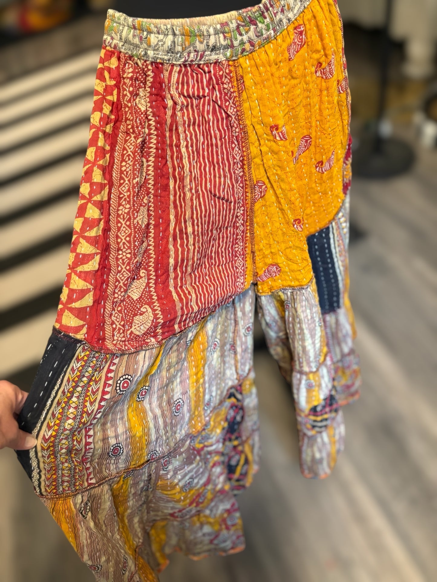 Corrin Kantha Flowy Tiered Reversible Palazzo Pant with Pockets: One Size Fits Size 6-16