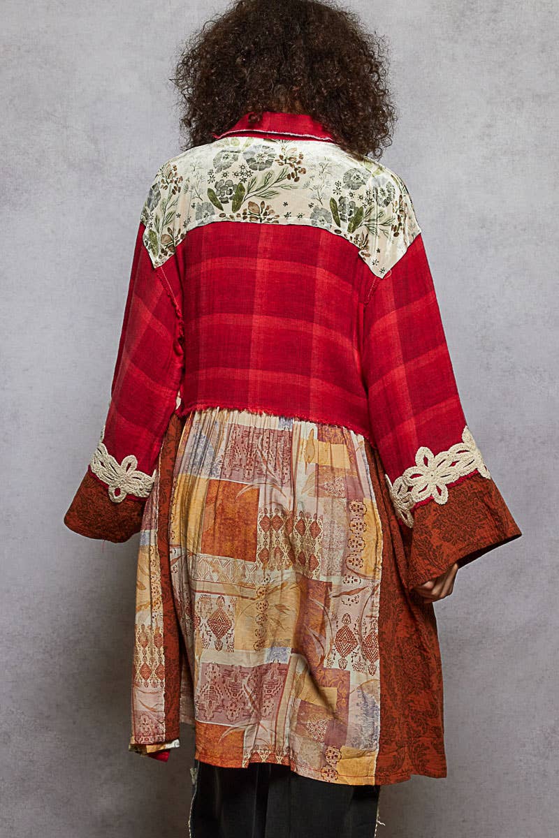 Long sleeve spangle crochet trim plaid knee length shirt top: RED MULTI / S