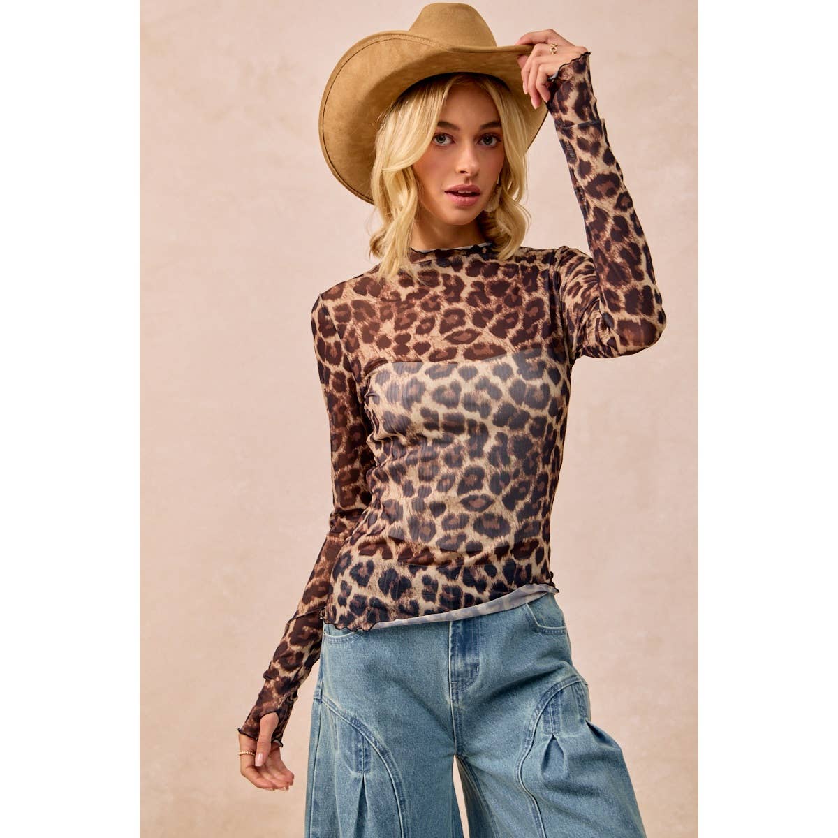 MESH LEOPARD PRINTED TOP WITH LONG SLEEVES: LEOPARD / S-XL