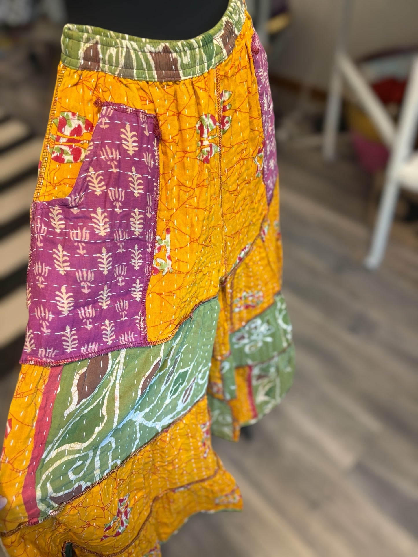 Rayleigh Kantha Flowy Tiered Reversible Palazzo Pant with Pockets: One Size Fits Size 6-16