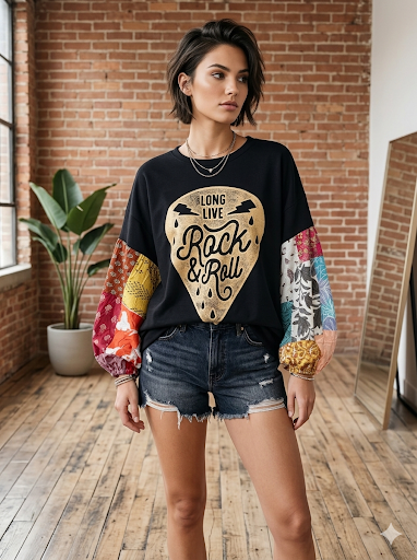 Long Live Rock Puff Patchwork Sleeve Tee Fits a Small to XXL
