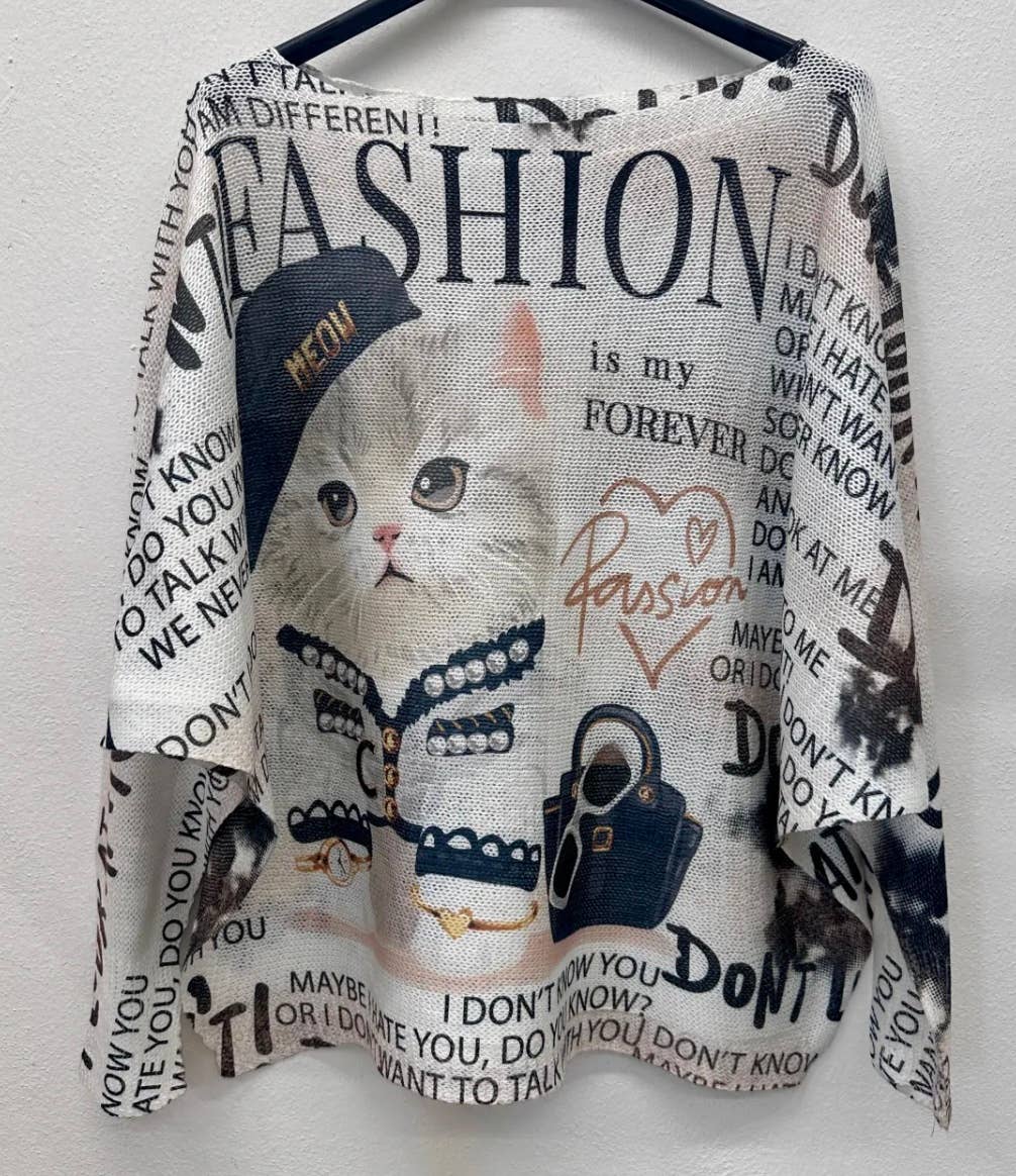 VI607 Cute Cat Round Knit Printed Sweater LOOWIE