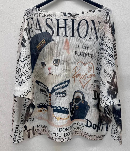 VI607 Cute Cat Round Knit Printed Sweater LOOWIE