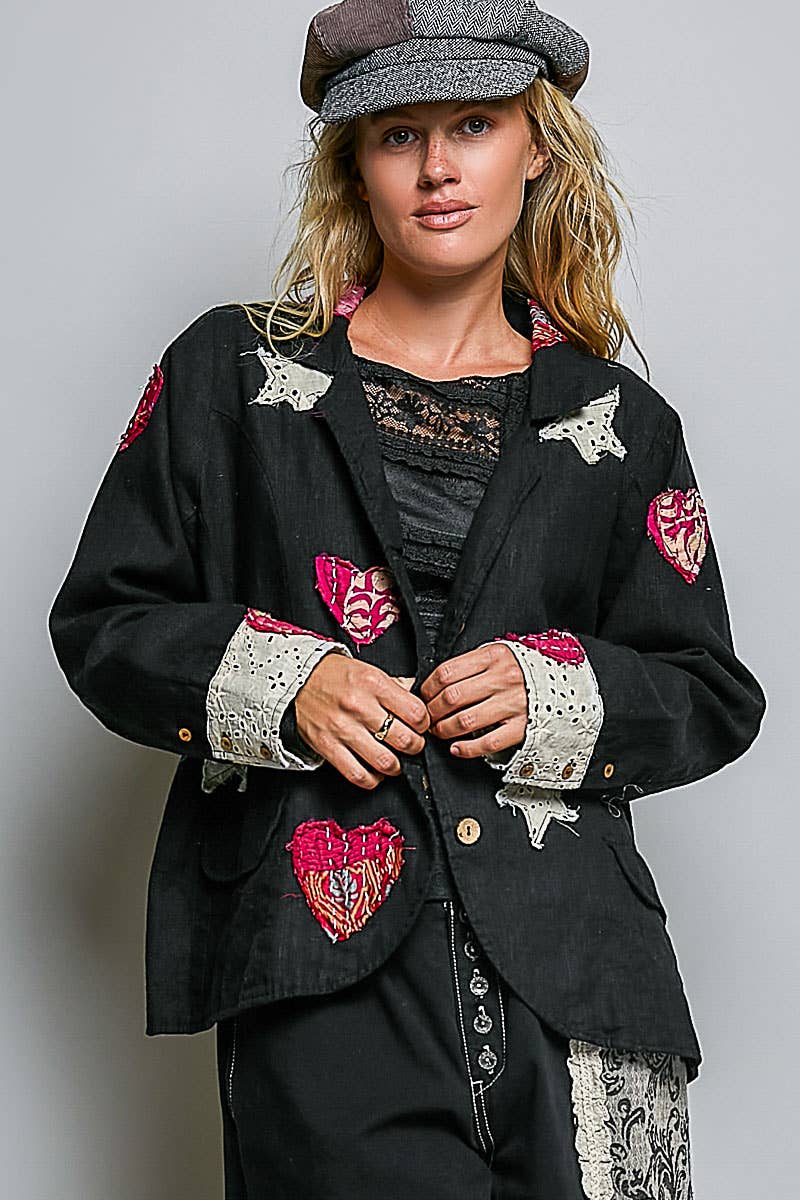 Notched Collar Star & Heart Applique Relaxed Blazer Jacket: Black