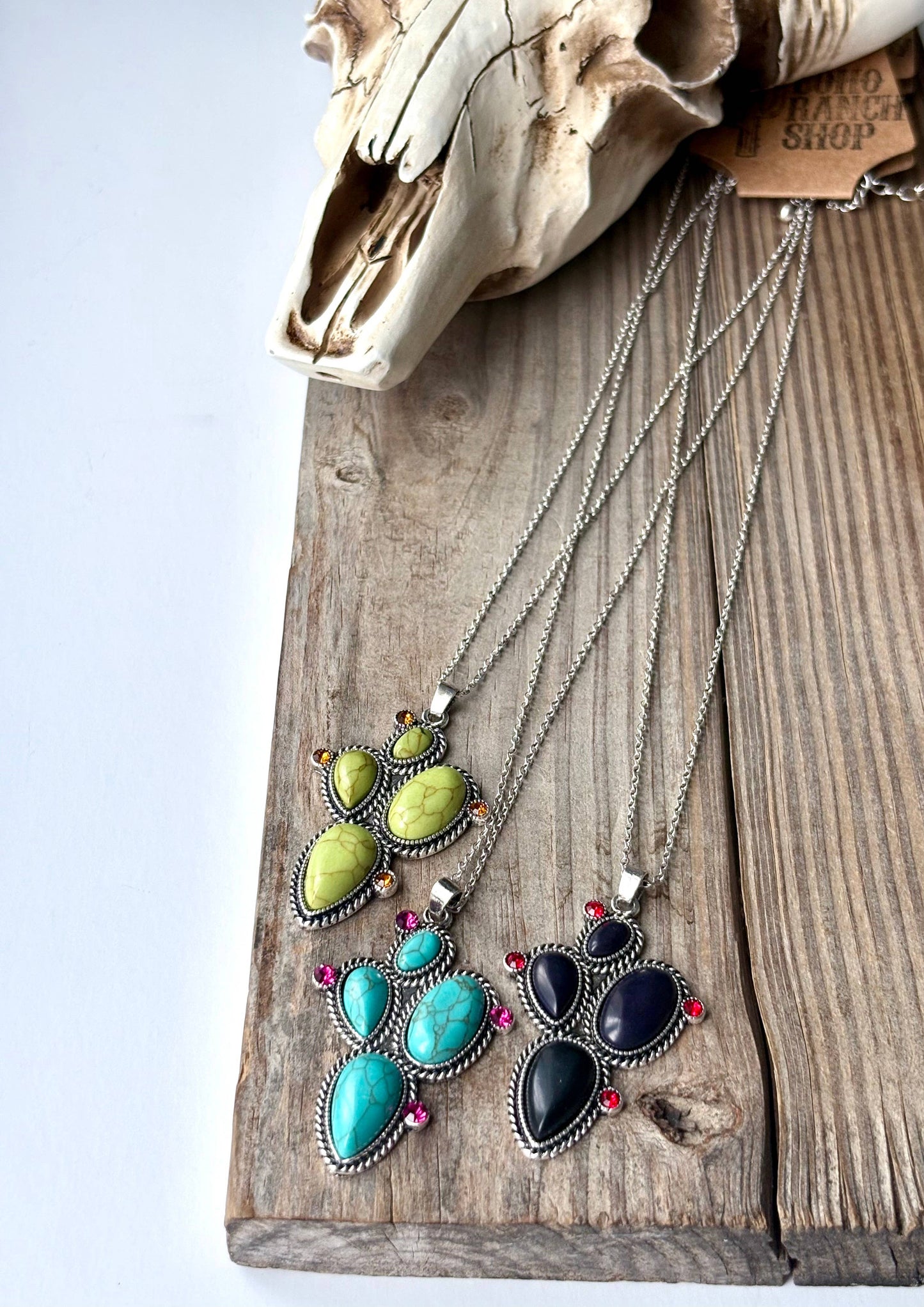 Western Cactus Stone Pendant Necklace: Green