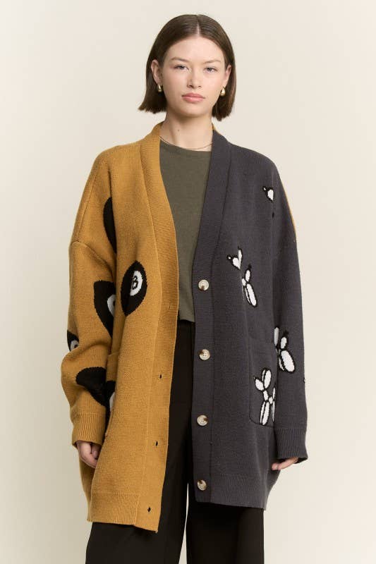 BALLOON DOG & 8BALL OVERSIZE CARDIGAN: MOCHA/CHARCOAL