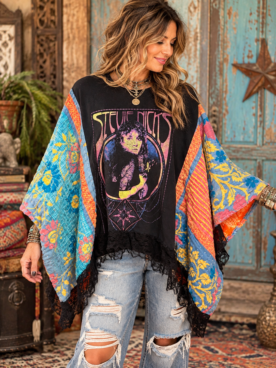 Gypsy Vintage Kantha Poncho One Size Fits a Small to XXL