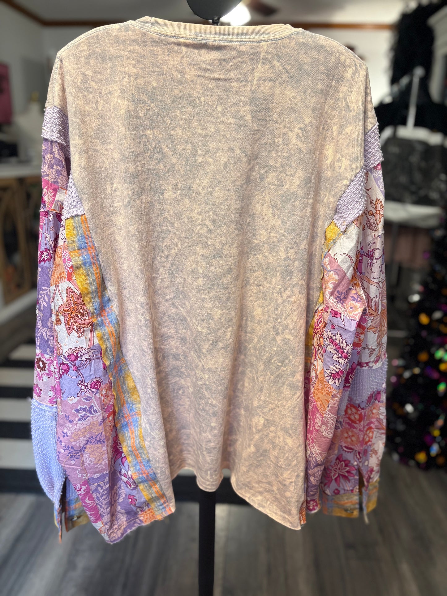 Hard Fought Upcycled Frayed Patchwork Tee One Size Fits a Large to 3X