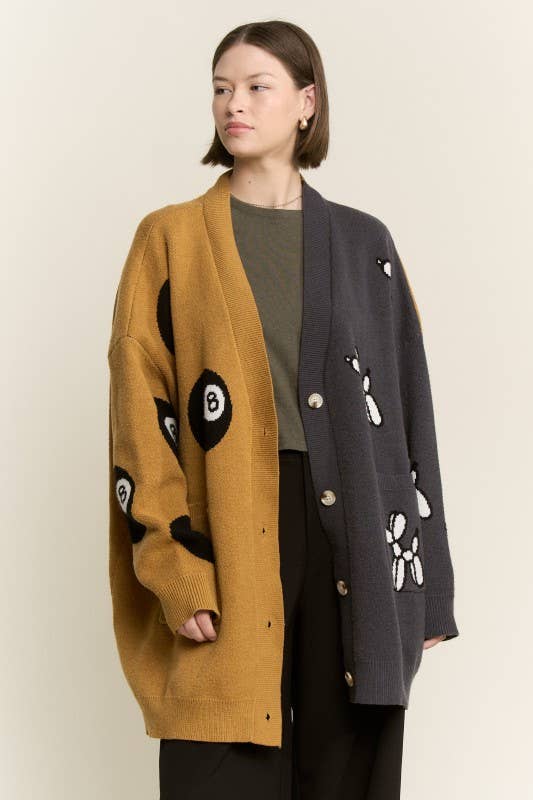 PLUS SIZE BALLOON DOG & 8BALL OVERSIZE CARDIGAN: MOCHA/CHARCOAL 1X/2X