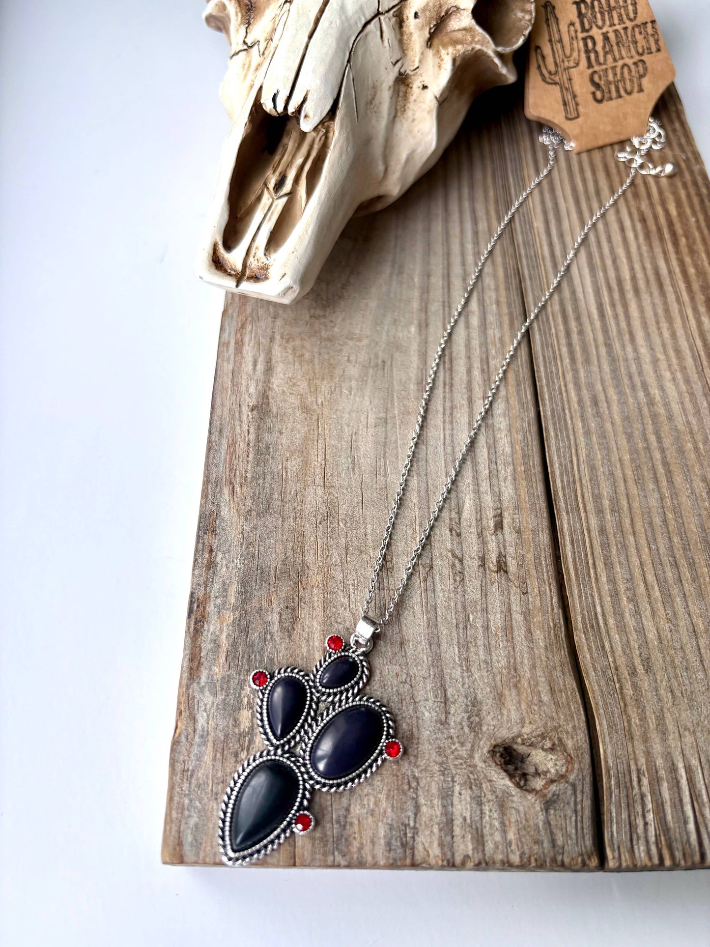 Western Cactus Stone Pendant Necklace: Green