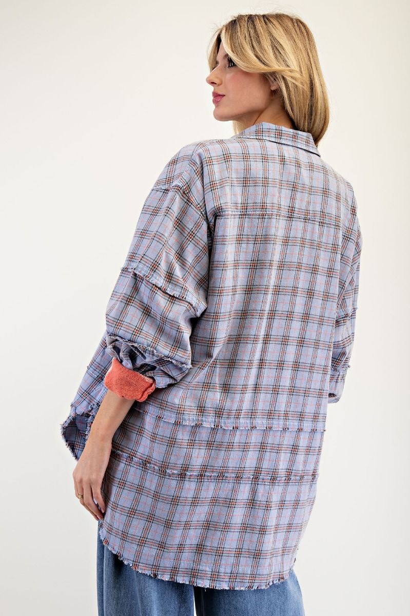 Blue Plaid Frayed Long Flannel Plus Size