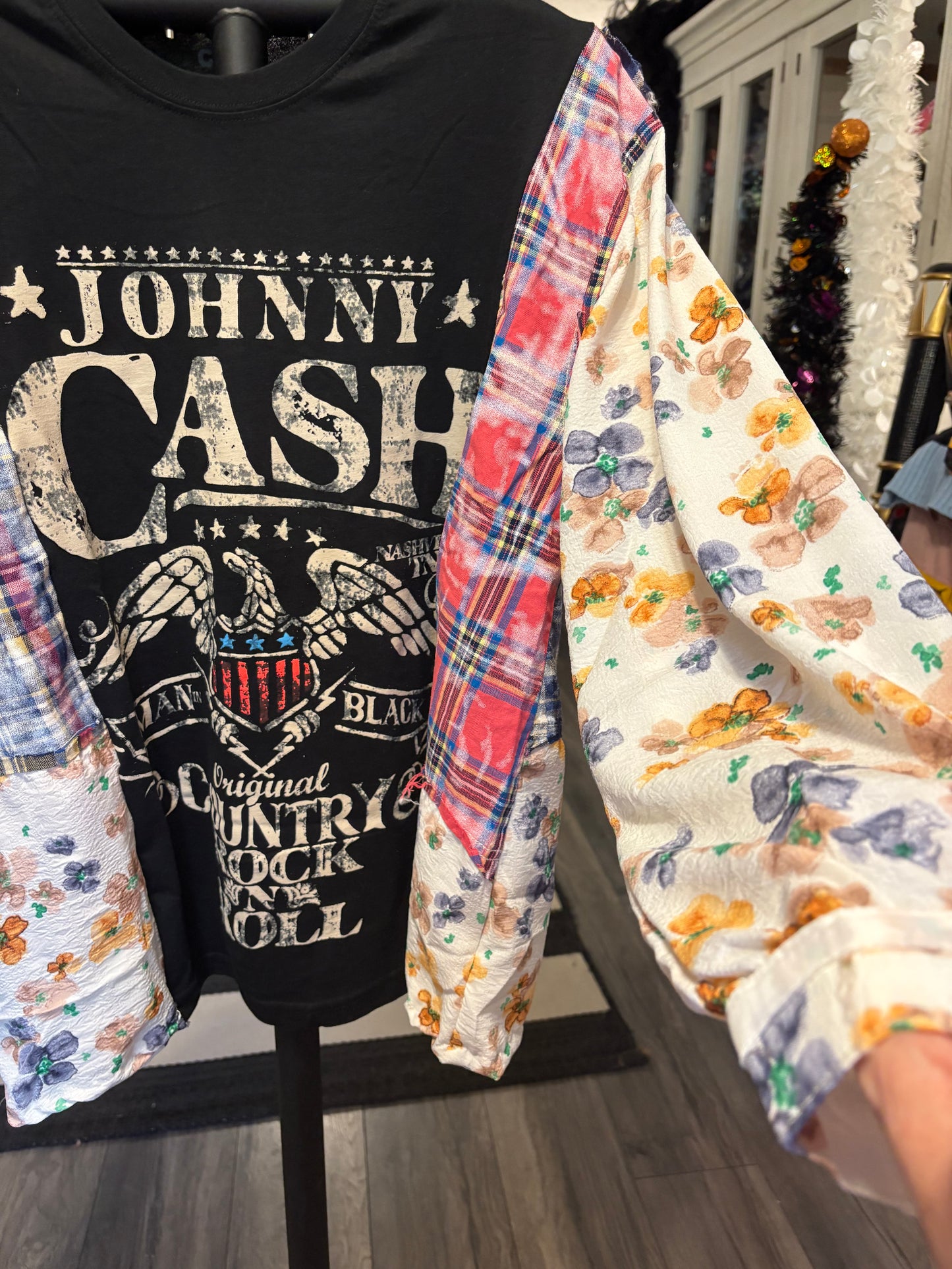 Man in Black Upcycled Frayed Patchwork Tee One Size Fits a Small to Large