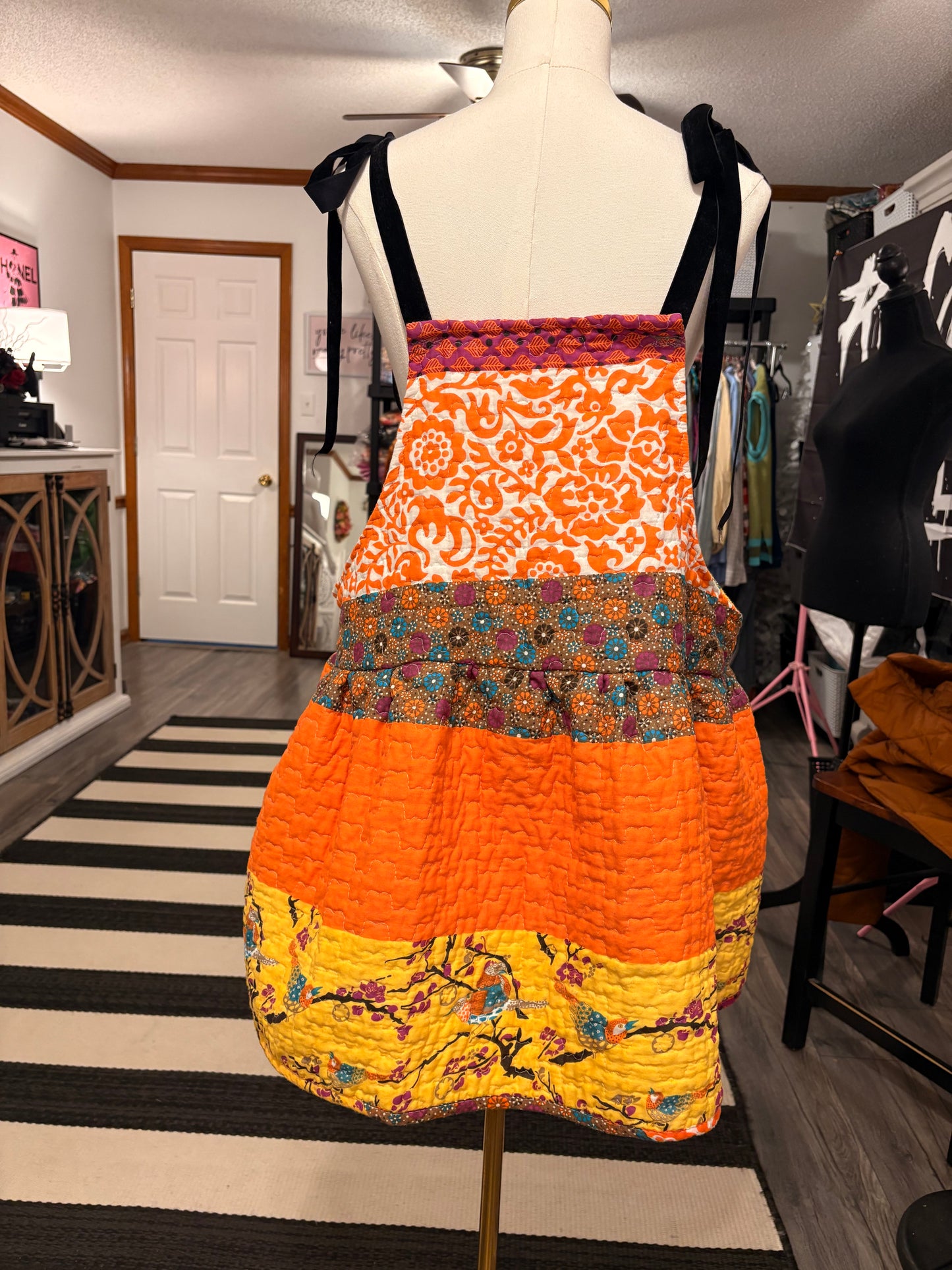 Mandarin Day Upcycled Quilt Art Smock with Pockets One Size Fits a Small to XL Oversized!