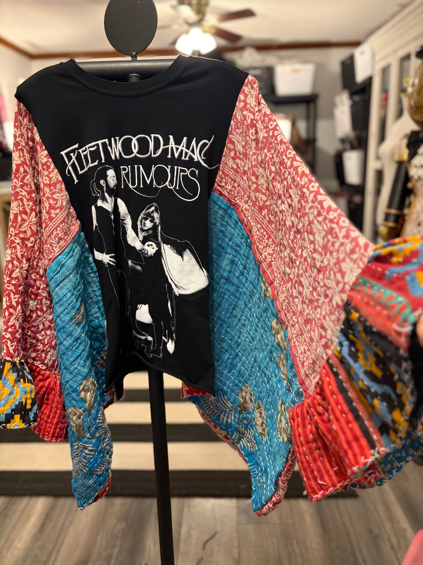 Rumours Upcycled Vintage Kantha Quilt Ruffle Sleeve Poncho Tee One Size Fits a Large to 3X