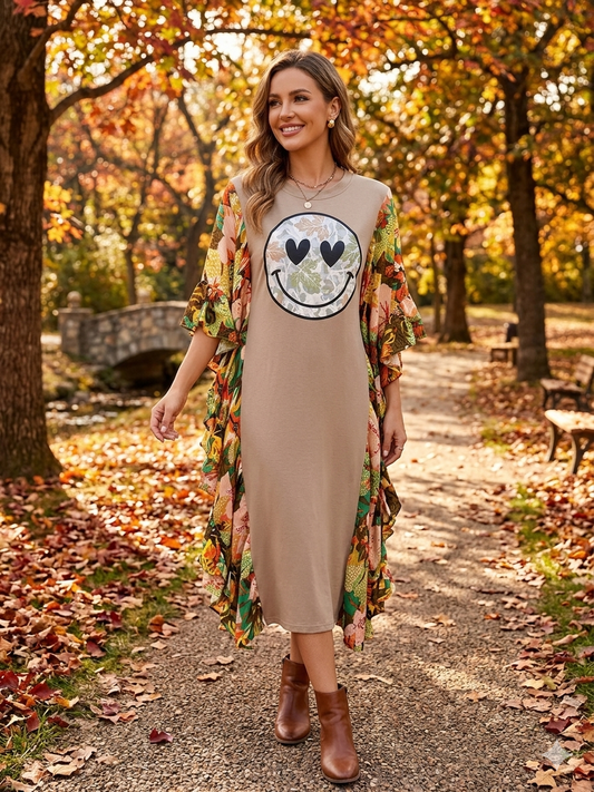 Tropical Camo Upcycled Kimono Dress with Pockets One Size Fits a Small to XXL