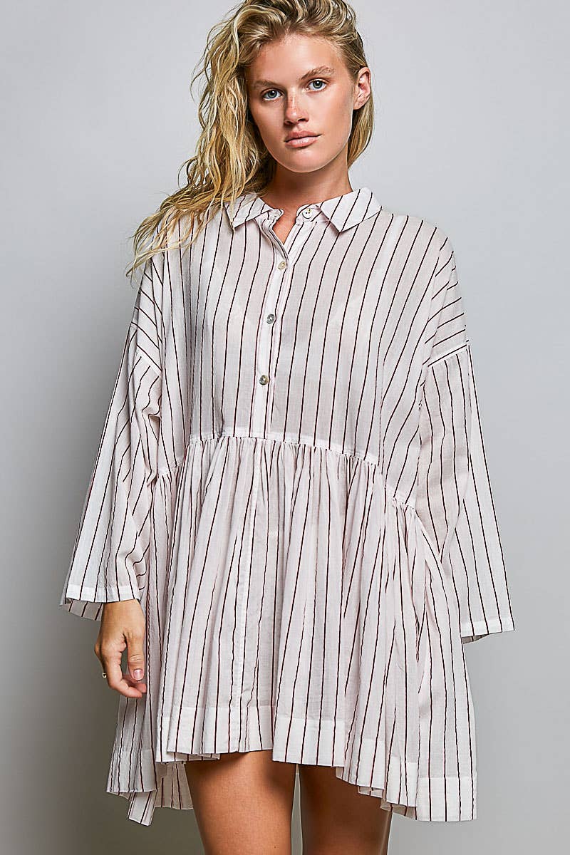 Striped Long Sleeve Collard Shirt Woven Dress : RED STRIPE / M