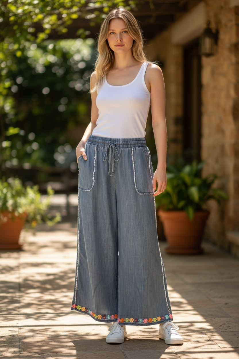 Flower Power Upcycled Wide Leg Denim Pants Size 2X (16/18)