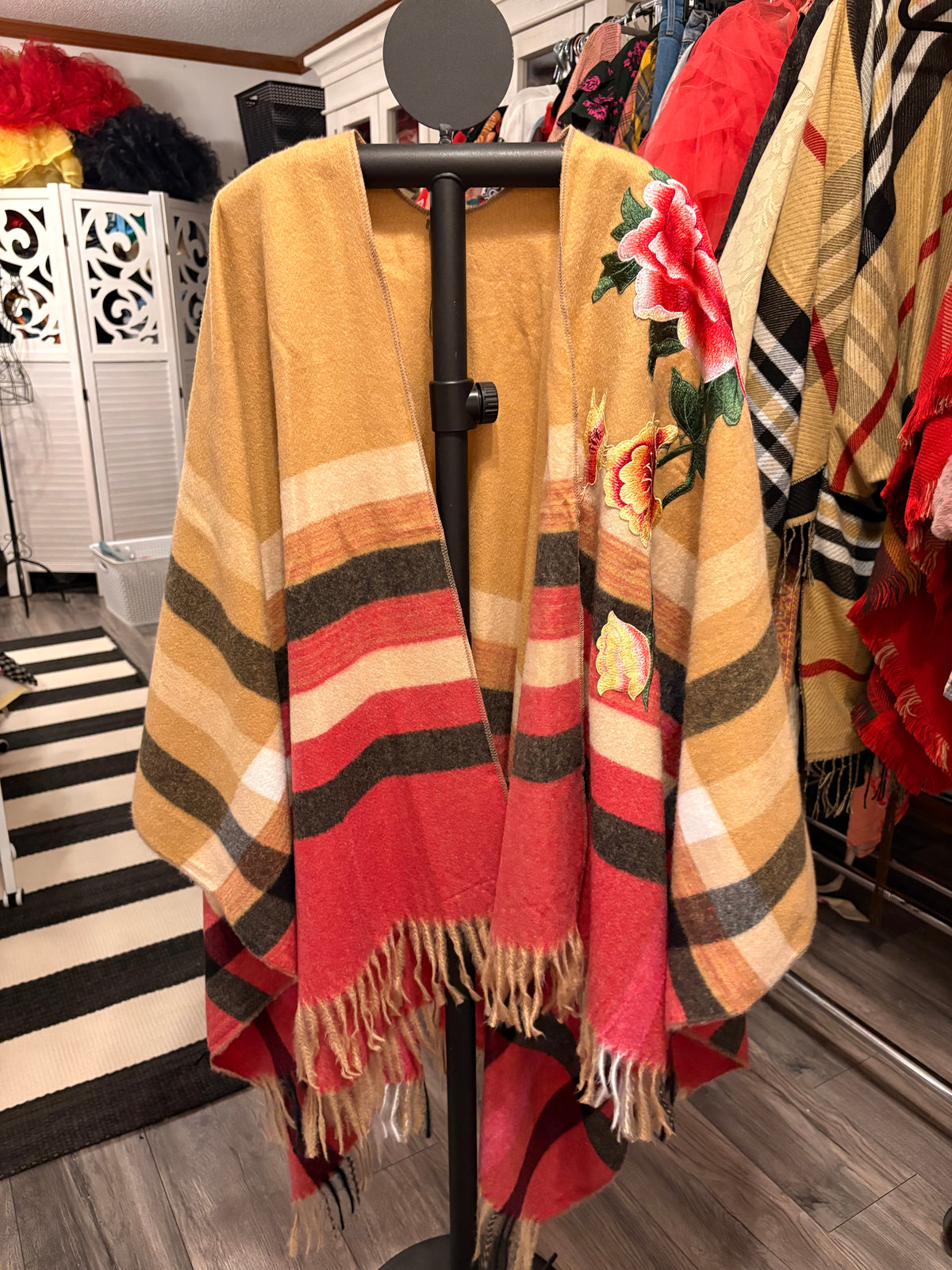Flora Plaid  Hand Embroidered Cape by Aratta One Size Fits a Small to 3X