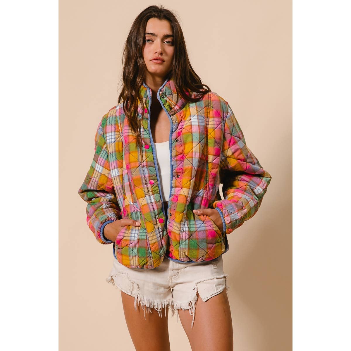BLEACHED VINTAGE PLAID QUILTED JACKET WITH POCKETS: STAINED GLASS / XL