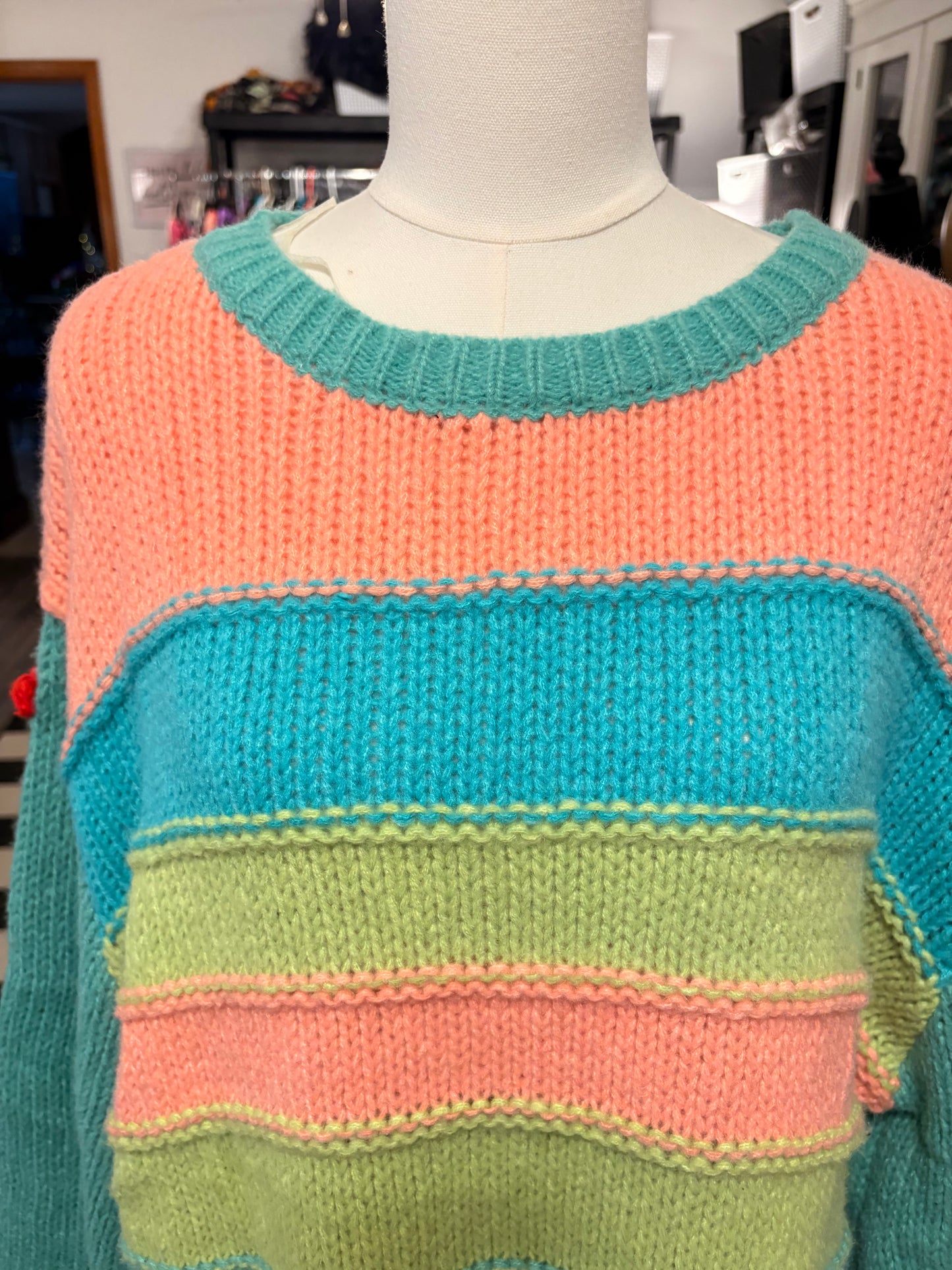 Teal Striped Pom Pom Sleeve Sweater