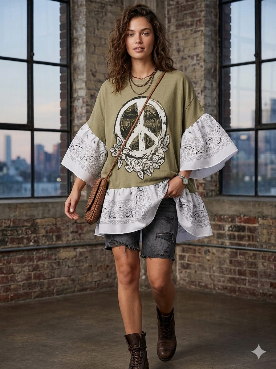 Peace Bandana Baby Doll Tee Fits a Small to 2X