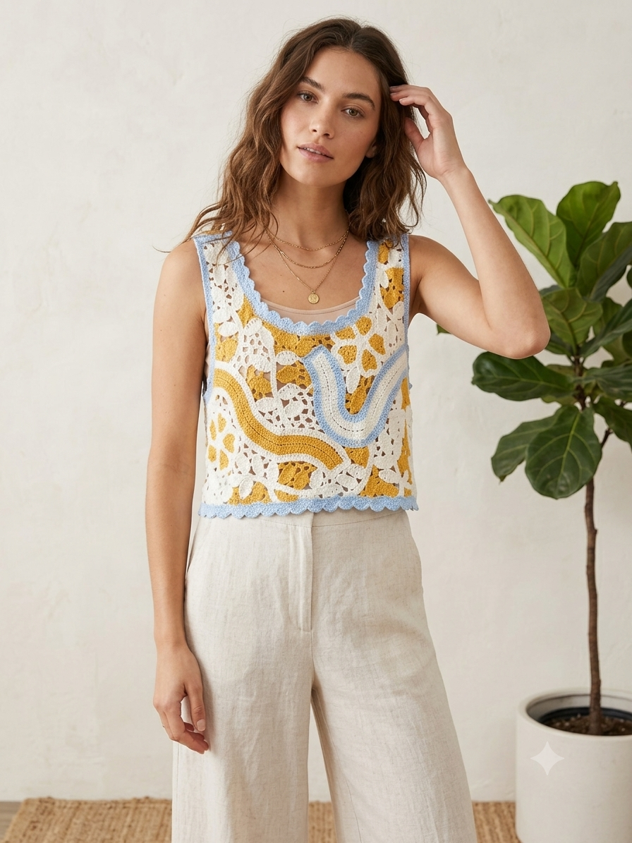 Blue Wave Crochet Crop Top OS Fits Small to Large