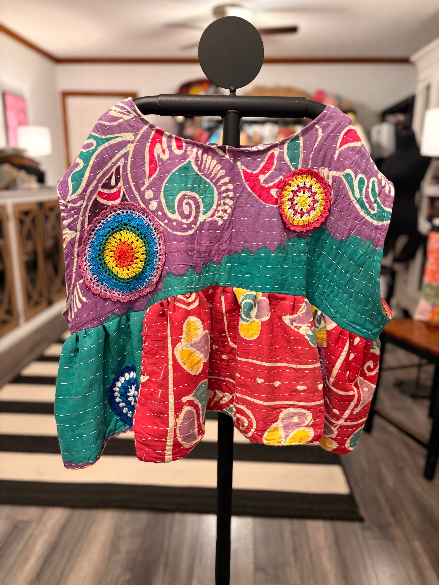 Hannah Vintage Kantha and Crochet Top One Size Fits a Small to XL