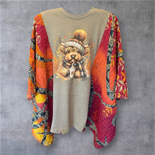 Cozy Cow Upcycled Vintage Kantha Quilt Poncho Tee One Size Fits a Small to XXL