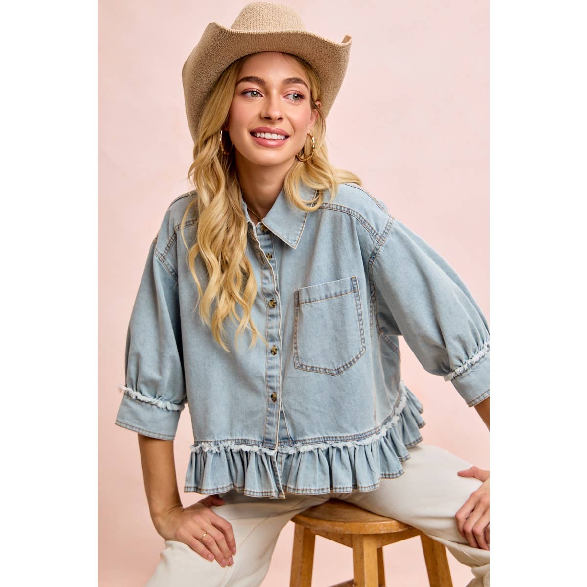 WASHED DENIM RUFFLED HEM BUTTON UP SHIRT: WASHED DENIM / S-XL